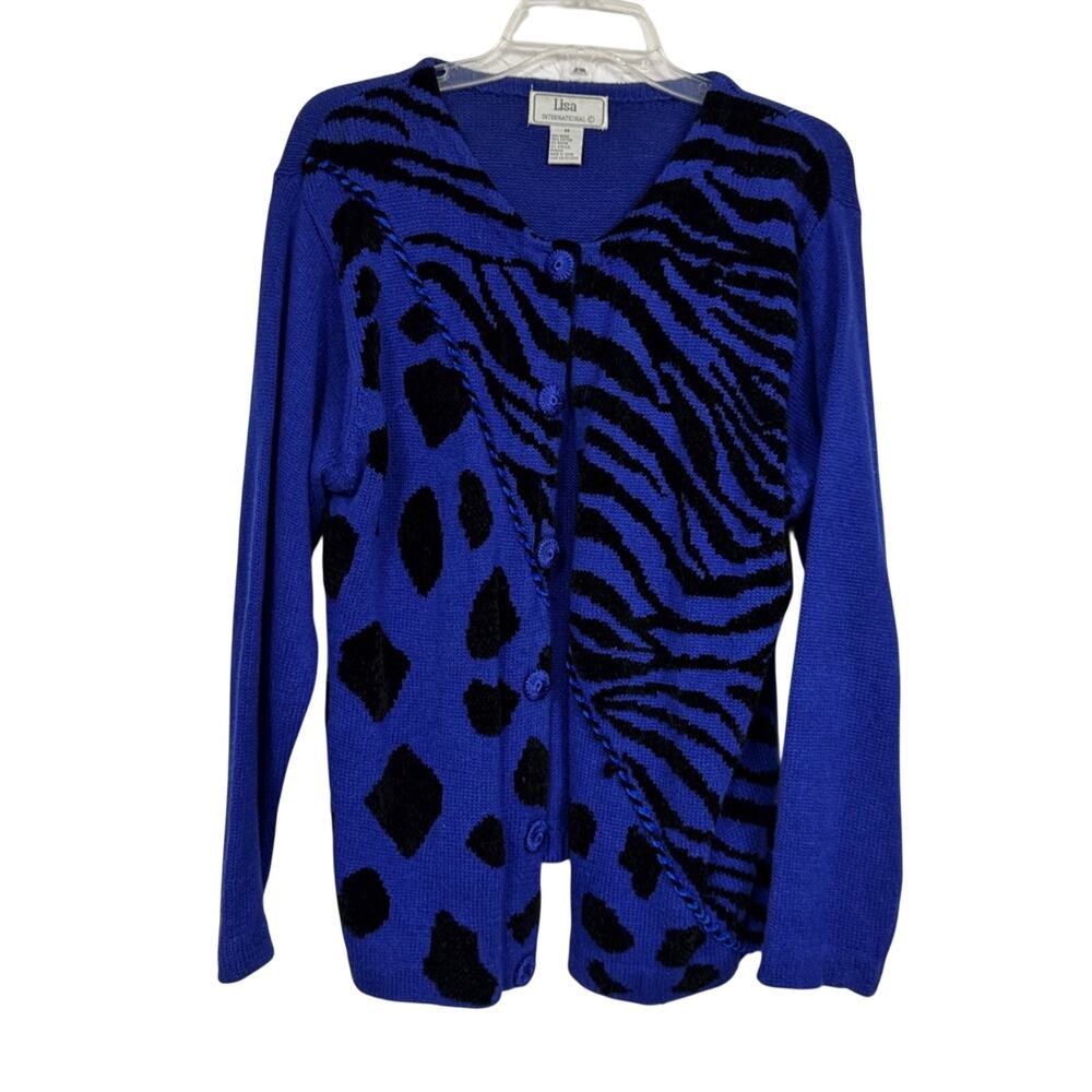 Vintage Lisa International Blue Black Zebra Cardigan Sweater Women M Funky Artsy